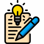 A piece of paper with horizontal lines indicating writing. There is a blue pen in front of the paper and a lightbulb at the top of the icon.