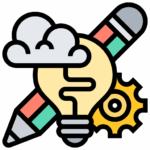 An icon of a lightbulb, with a pencil and gear behind it. There is a cloud in front just above it.