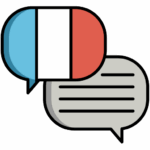 Two text bubbles, one in grey with plain horizontal lines, the other filled with the French flag.