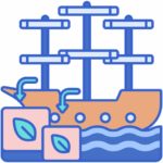An icon of a sailing ship above waves. There are two boxes with a tealeaf label with arrows indicating they are being thrown overboard.