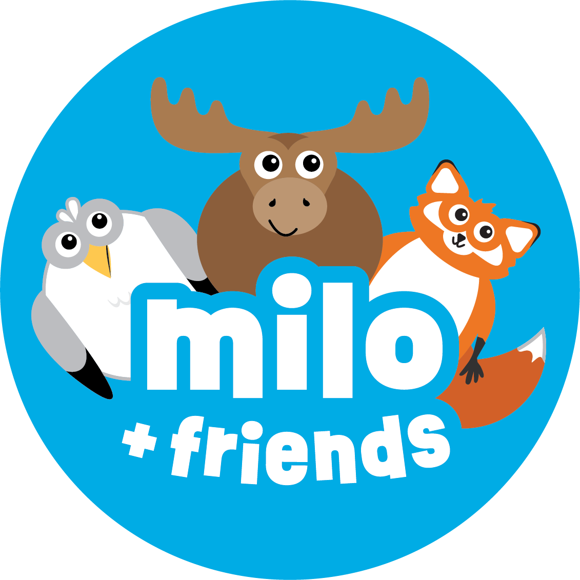 Cartoon moose, bird, and fox above milo + friends on a blue circle background.