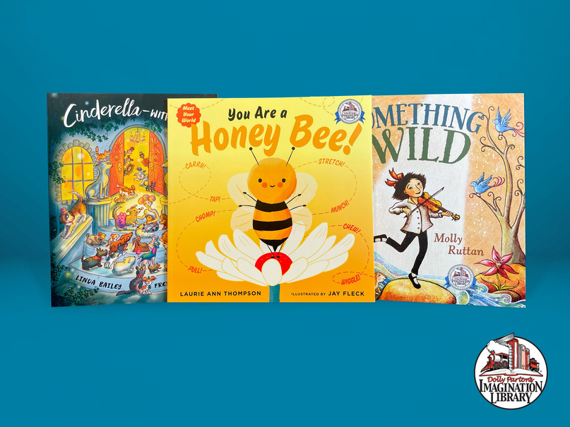 Three colorful childrens books on a blue background with Imagination Library logo in corner.