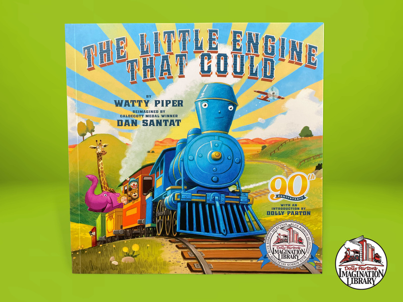 Cover of The Little Engine That Could book on a green background with train illustration.