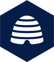 White stylized beehive icon on a dark blue hexagonal background.