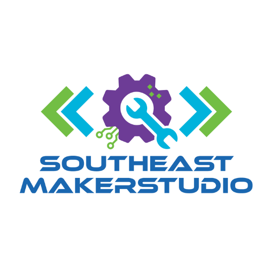 Southeast MakerStudio logo with wrench, gear, and code elements in blue, purple, and green.